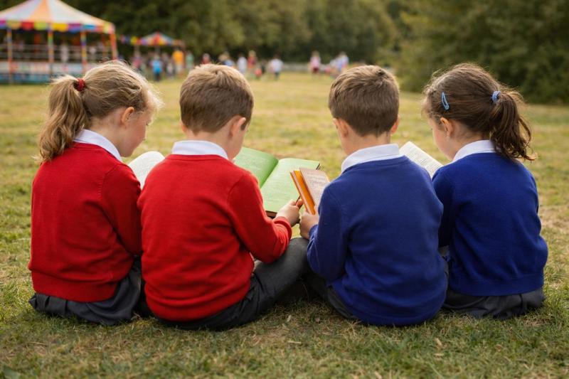 Children reading outside
